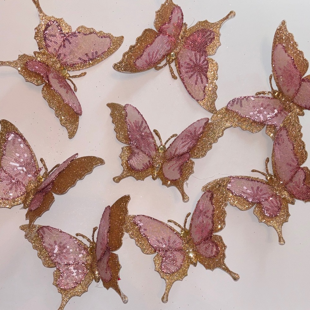 Pink and Gold clip-on butterfly Christmas ornaments SET OF 8